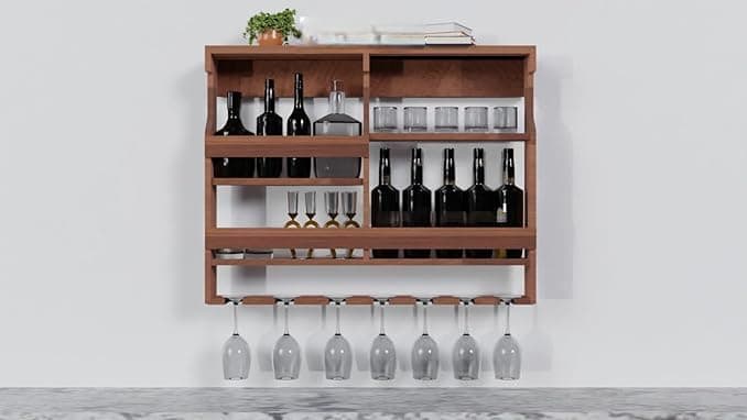 ODEJIA Wooden Wall Mounted Wine Rack, Bar Cabinet with Glass Storage, Wall Hanging Mini Bar for Home Wine Rack/Holder Upside Down Glass Hanging Organizer Size 30 x 24inch (Natural)