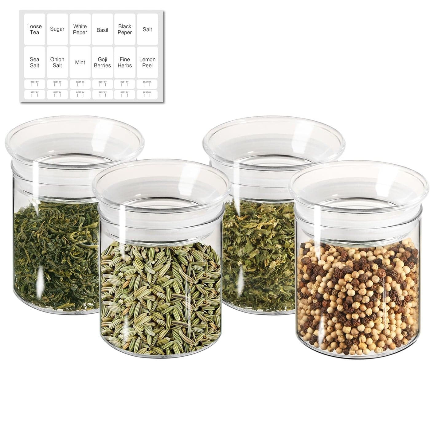 ZENS 10oz Glass Jars with Airtight Lid, 4 Pack Glass Kitchen Canisters Set with Airtight Lids for Spice, Loose Tea, Small Clear Glass Storage Jas Airtight Containers with Lables for Herbs, Sugar.