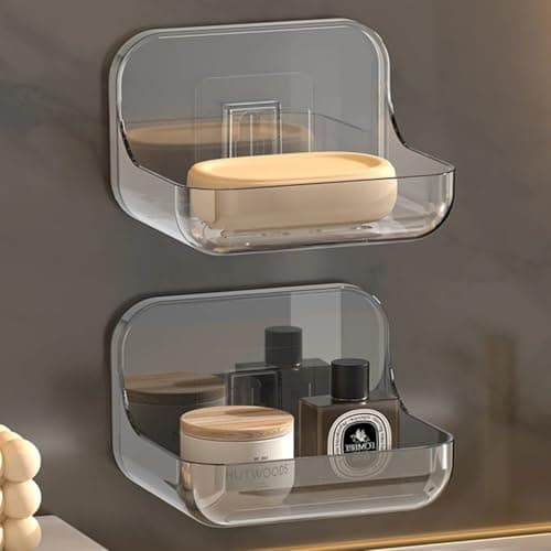 Xmart India Self-Adhesive Soap Holder for Bathroom | Transparent Plastic Soap Stand with Self-Draining Design | bathroom organiser without drill & Bathroom Organizer Accessories Set (Pack of 2)