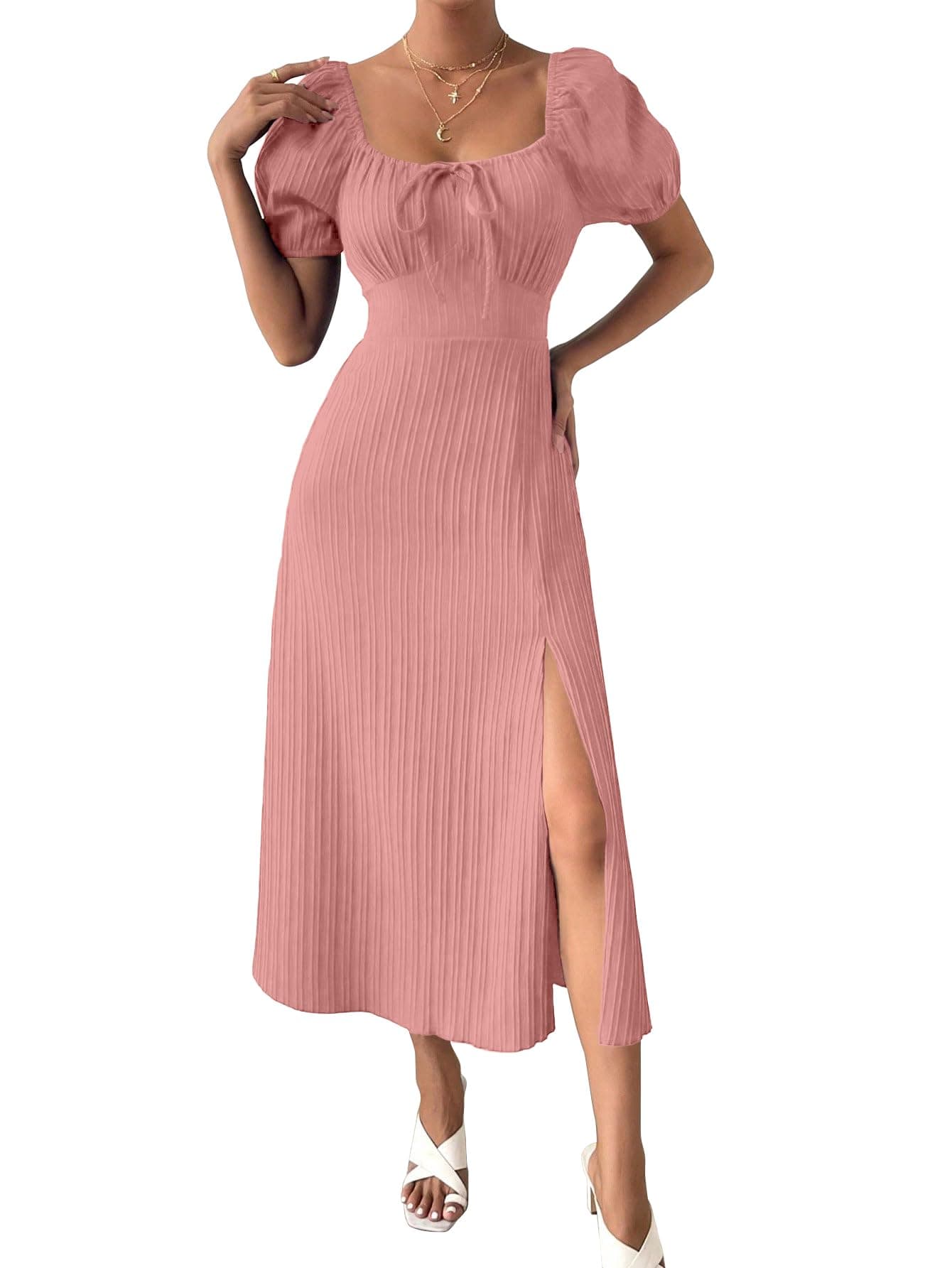 Shasmi Women's & Girl's Peach Tie Front Split Thigh Milkmaid Maxi Dress – Square Neck Puff Sleeve A-Line Long Dress, Elegant Casual & Parties Wear for Ledies (Dress 245 Peach-S)