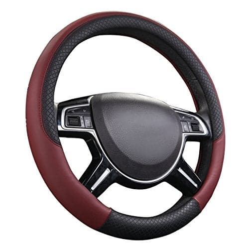 CAR PASS Rhombus Leather Universal Steering Wheel Cover, Fit for Suvs,Trucks,Cars,Sedans,Vans (Black&Burgundy)