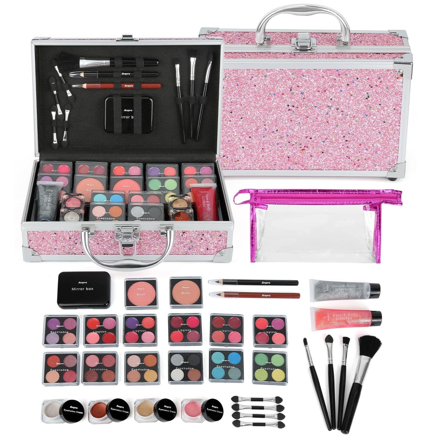 Anpro AllInOne Makeup Carry Case with Pro Teen Makeup Set Full Starter Cosmetics Kit with Makeup Brushes Lipsticks Eye Shadows Palette Blushes Glitter GelPink