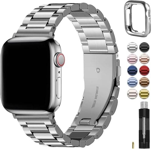 Fullmosa Metal Band Compatible with Apple Watch Bands Series 11 10 42mm Stainless Steel Strap iWatch Band with Case for Apple Watch Silver