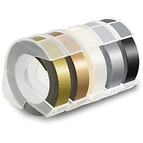 Pristar Compatible Embossing Tape Self-Adhesive Replacement for Dymo Embossing Label Maker Organizer Xpress, White on Black/Silver/Clear/Gold/Champagne Gold, 3/8 in x 9.8 ft, 5-Pack