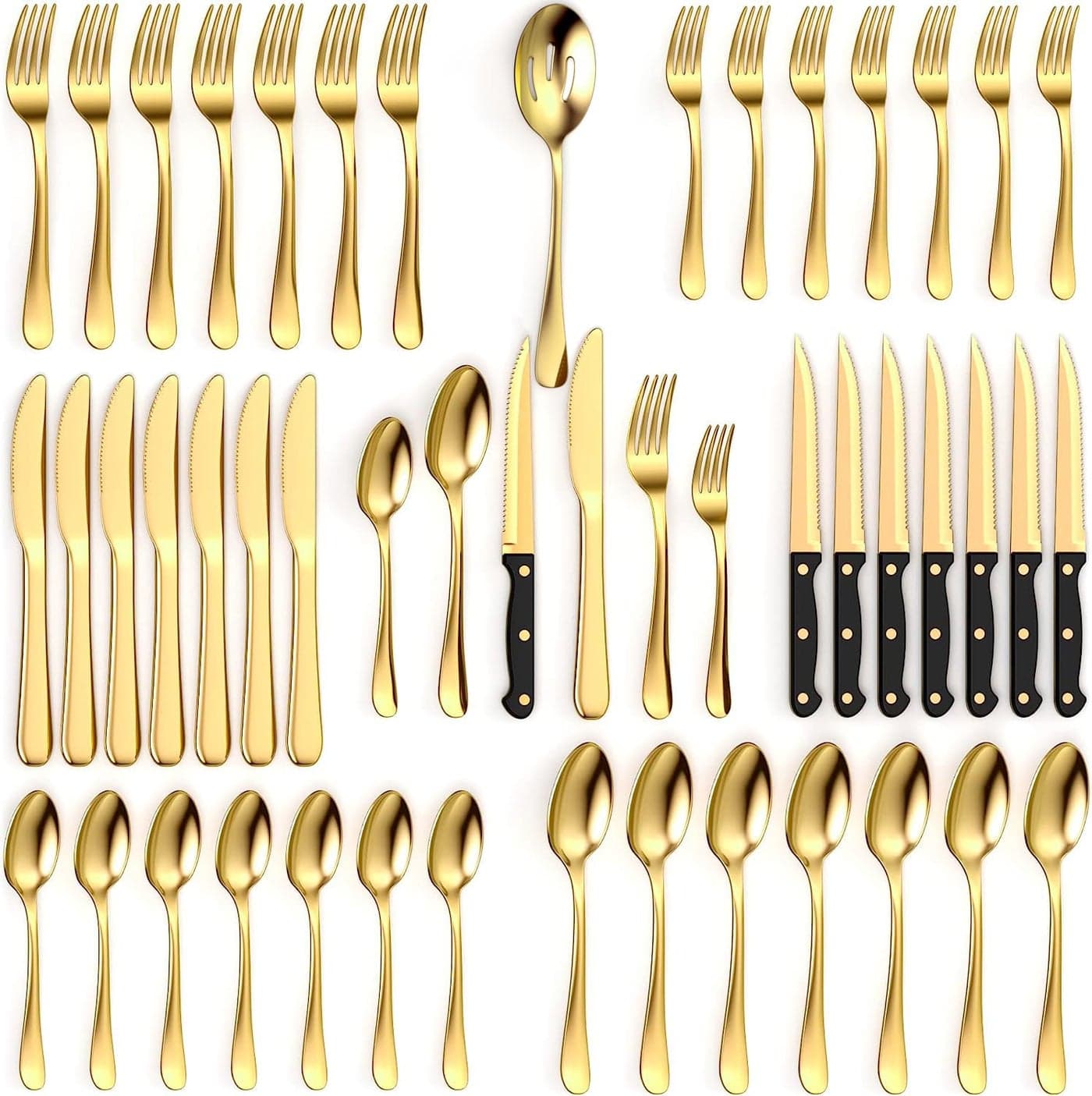Tribal Cooking 49 Piece Gold Silverware Set Service for 8 Stainless Steel Gold Flatware serving set Cutlery Set Knives Fork and Spoon Dishwasher Safe Stunning Polished Finish