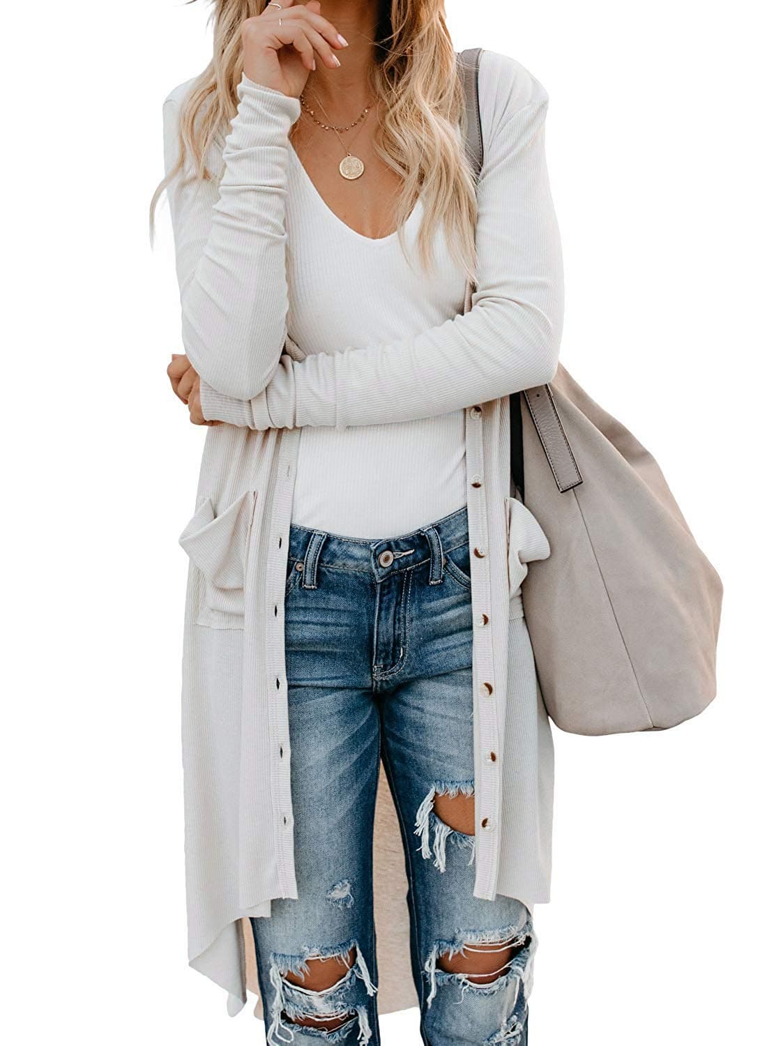 Naggoo Women Long Cardigans V-Neck Button Down Long Sleeve Basic Knit Kimono Cardigan White,S