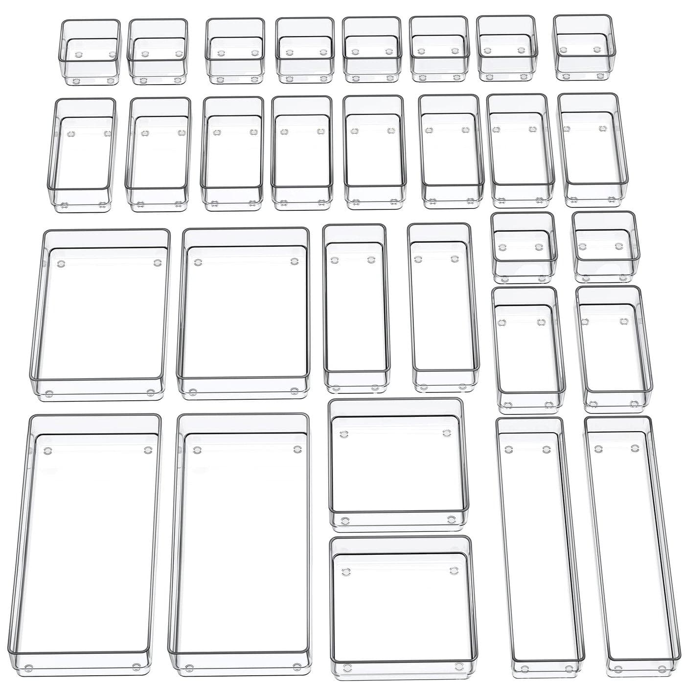 SMARTAKE 30Piece Drawer Organizer with NonSlip Silicone Pads 7Size Desk Drawer Organizer Trays Storage Tray for Makeup Jewelries Utensils in Bedroom Dresser Office and Kitchen Clear