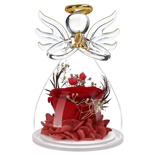 encavy Preserved Flower Rose in Glass Angel FigurinesMothers Day Rose Gifts for MomBirthday Gifts for WomenMom Gift from DaughterRed Flowers Angels Gift for Grandma Wife Sister