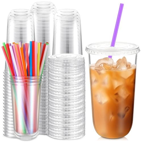 Ziliny 100 Pack 20 oz Plastic Cups with Lids and Straws Clear Disposable Round Bottom Coffee Cups for Iced Coffee, Cold Drinks, Juice, Smoothies, Milkshakes