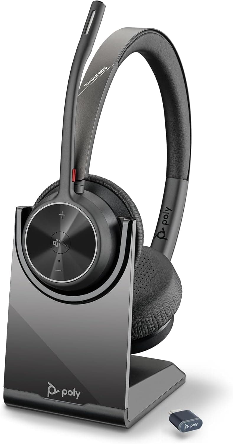 Poly Voyager 4320 UC Wireless Headset Charge Stand Plantronics Stereo Headphones wNoiseCanceling Boom Mic Connect PCMacMobile via BluetoothWorks wTeams Certified ZoomAmazon Exclusive