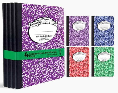 Better Office Products Composition Book Notebook - Hardcover, Wide Ruled (11/32-inch), 100 Sheet, One Subject, 9.75" x 7.5", Assorted Covers: Red, Blue, Green, Purple-4 Pack