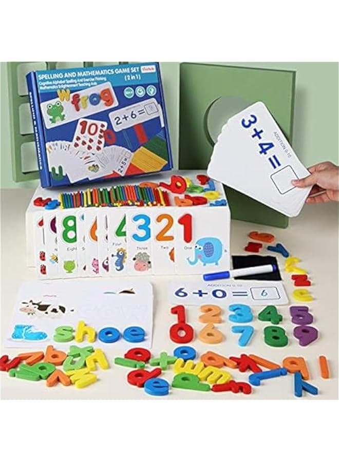 2 in 1 See and Spell Learning Toys, Sight Words Math Flashcards,Montessori Wooden Educational Toys Gifts for Preschool Kindergarten Kids Boys Girls 3 4 5 Years Old