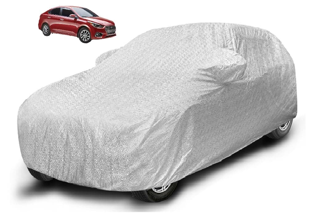 Auto Hub Waterproof Car Cover Compatible with Hyundai Verna (Model : 2017-2022) with Mirror Pocket, Soft Cotton Lining, Waterproof Verna Car Cover- Metallic Silver
