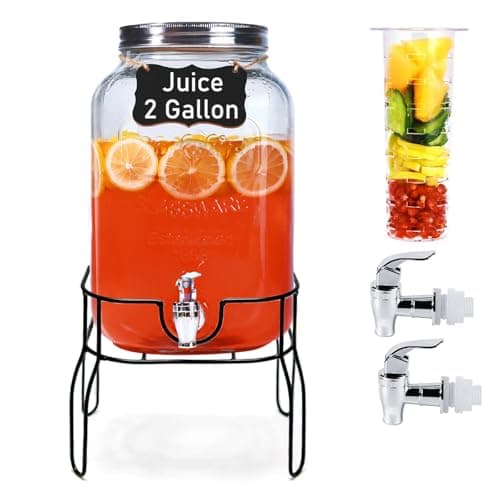 2 Gallon Glass Drink Dispensers for Parties, Sun Tea Glass Jar for Outside Beverage Dispenser with Stand+Lid 2 Press-Spigots(Easy for kids) Fruit Infuser, Beverage Dispensers-Mason Jar