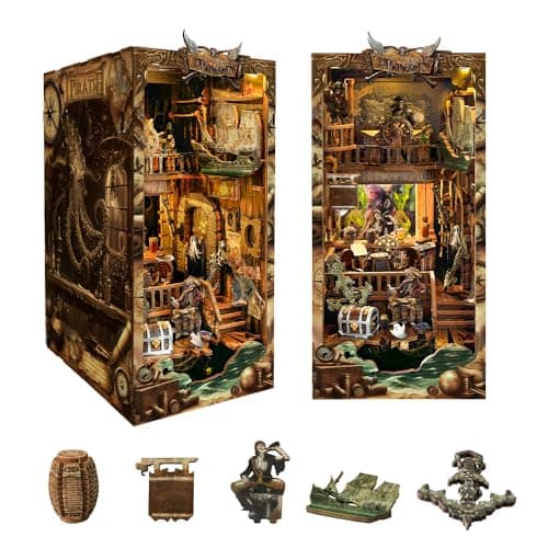 STRUCWOOD DIY Book Nook Kit Pirate 3D Wooden Miniature Puzzles with LED Light Dollhouse Model Craft Kits for Adults Bookshelf Insert Decor Gifts for Adults New World Ship SQ36
