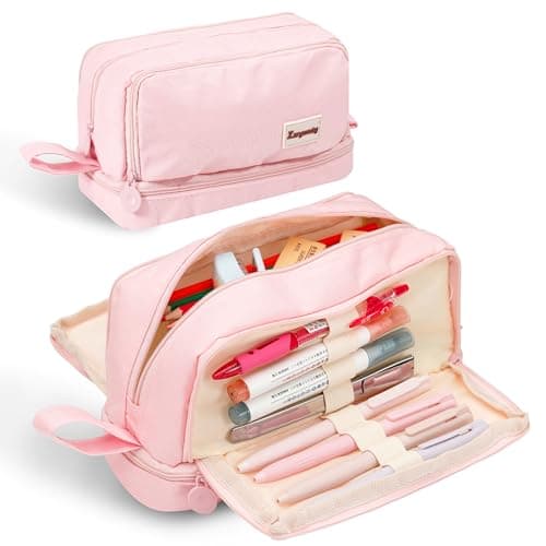 Zzrywuty Pink Large Capacity Pencil Case 4 Compartments,Pencil Pouch with Zipper Portable Handle for Teens Adults Aesthetic Pencil Bag Stationery Organizer Pen Pencil Case with Handle for School