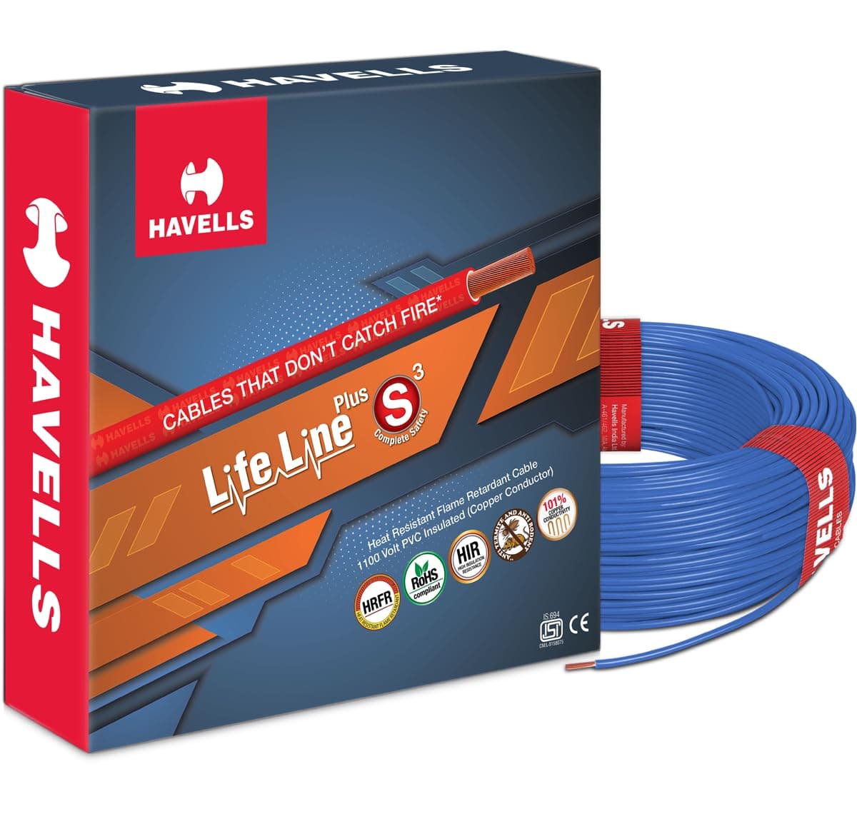 Havells LifeLine+ S3 | 1.5 sq.mm Copper Wire (90m-Blue)| Class 2 Conductor (100% Copper), Heat Resistant & Flame Retardant - Ideal for Domestic & Industrial Use (WHFFDNBA11X5)