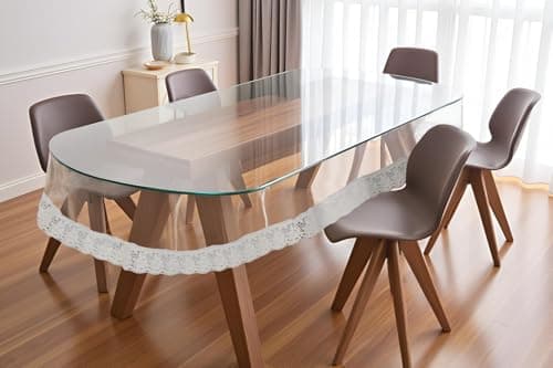 The Furnishing Tree Oval Shaped 8 to 10 Seater Transparent Table Cover WxL 60x108 inches 0.25 mm Thickness with White Lace