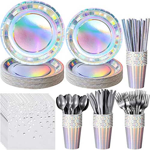 Iridescent Party Supplies Decorations Holographic Paper Plates and Napkins Set Disposable Iridescent Paper Plates Cups Knives Spoons Fork Straw for Mermaid Birthday Wedding Party Serve 25