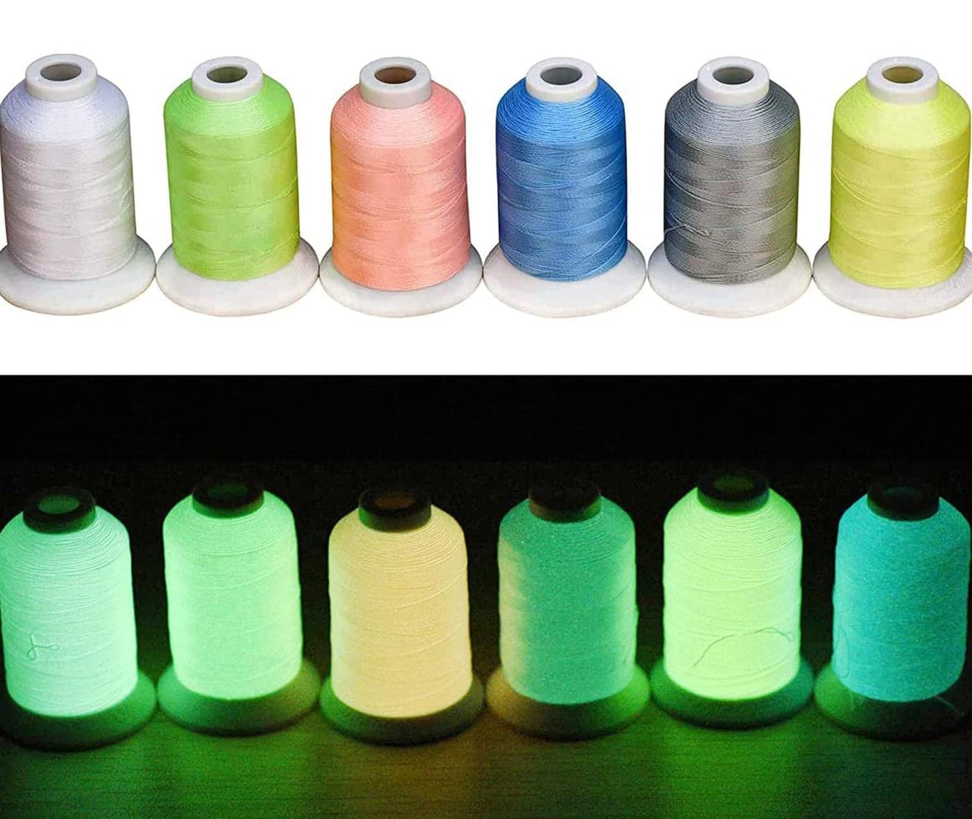 Simthread Glow-in-The-Dark Embroidery Machine Thread, 6 Colors, 1000 Yards, 30WT, 100% Polyester with Long-Lasting Glow - Perfect for Music Festivals, Parties, Raves & More