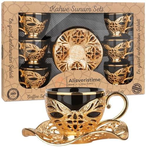 Alisveristime Turkish Coffee Set for Six, 6 Black Porcelain Cups with Gilded Rims, Zamac Holders and Saucers, Two Color Variations: Gold and Silver (Gilded-Design) (Gold)