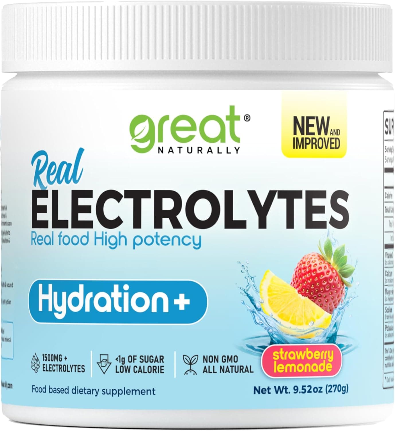 Electrolytes Powder Hydration Real Food High potency Strawberry Lemonade 30 Servings High potency Electrolyte powder Hydration drink mix Electrolyte Supplement Potassium Magnesium Calcium