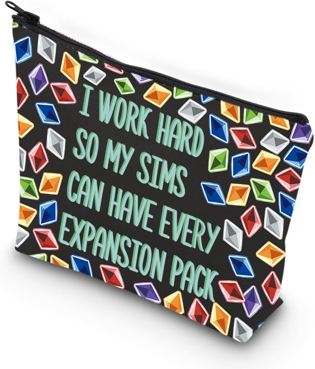 WCGXKO Video Game Gift Sim Game Gift Funny Gaming Zipper Pouch Sims 4 Plumbob Pattern Makeup Bag For Gamer (I WORK HARD)