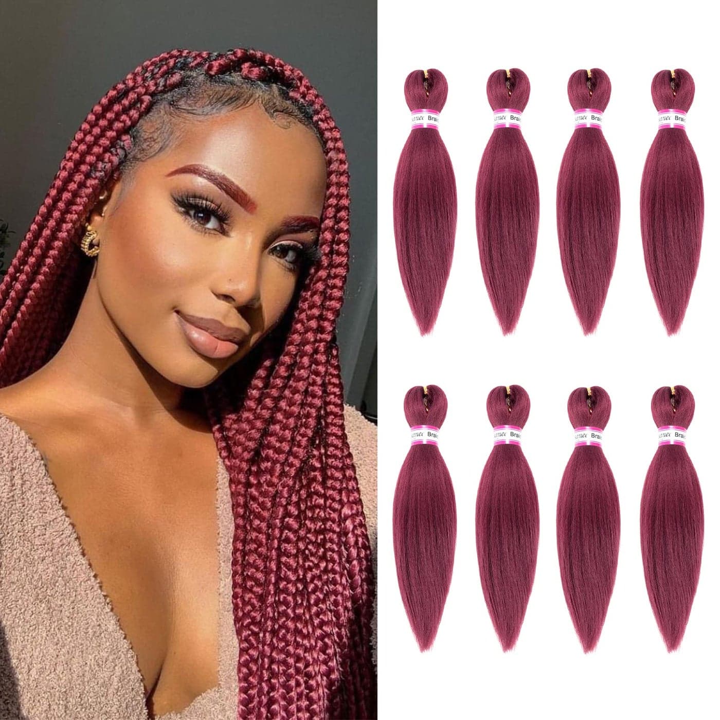 Burgundy Braiding Hair Pre Stretched 12 Inch 8 Packs Kids Braiding Hair Extensions for Box Braids Twists Locs Hair Itch Free Soft Yaki Texture Hot Water Setting 12inchBurgundy