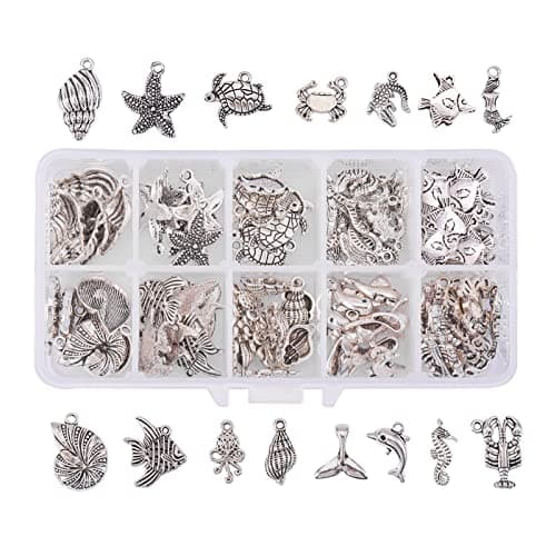 PH PandaHall 90pcs 15 Style Ocean Fish Charms Tibetan Seashell Marine Pendants Antique Silver Animal Sea Creatures Charms Pendants for Wakiki Hawaii DIY Bracelet Necklace Keychain Jewelry Making
