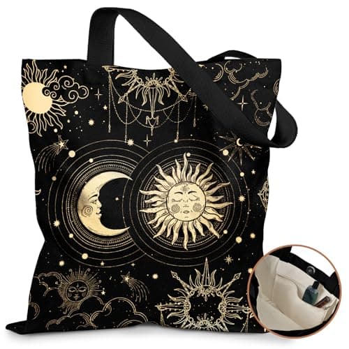 Miss Adola Aesthetic Canvas Tote Bag for Women - with Magnetic Buckle and Zipper Inner Pocket for Teen Girls Lady Cute Vintage Cloth Cotton Tote Bags for for Travel, Shopping, Star Moon