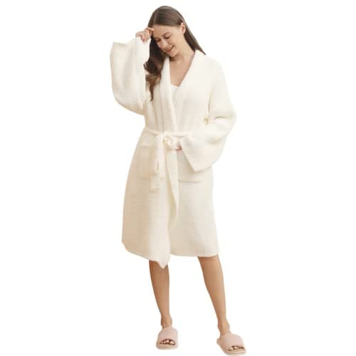 bearberry Hoodless Robe Cozy Leopard Robe Lightweight Soft Plush Bathrobe with Pockets for Women (Cream-hoodless)