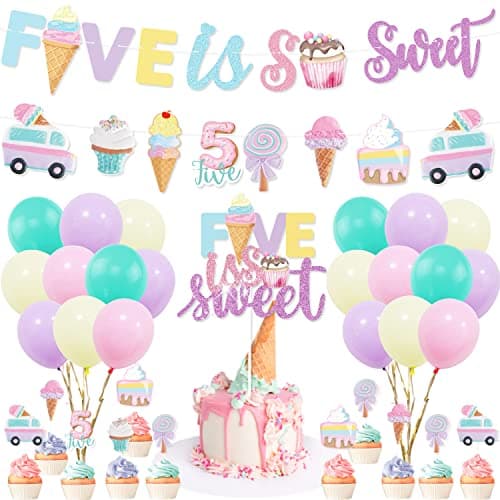 Five is So Sweet 5th Birthday Party Decorations Ice Cream Theme Banner Cake Cupcake Toppers Macaron Balloon Set