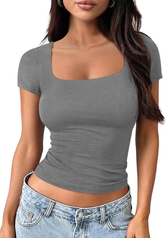 XOLANI Womens Square Neck Short Sleeve Crop Top Double Lined Slim Fitted Basic Tee Going Out Cute Summer T Shirt Trendy L2662 VK1051 (S, Gry)