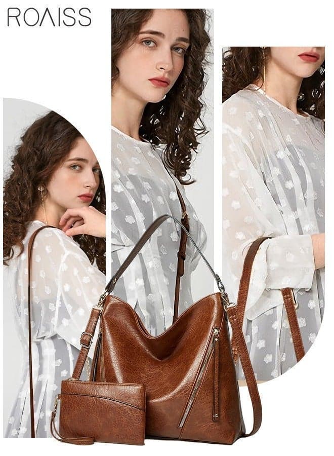 Women 2-Piece Large Capacity Leather Tote Bag Shopping Handbag Travel Crossbody Bag with Wallet Set for Women Shoulder Bag with Top Handle Multiple Compartments Shopper Brown