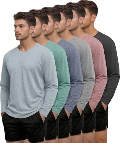 Kinglaman 6 Pack Men Dry Fit Workout Long Sleeve Athletic Gym UPF 50+ SPF UV Sun Protection Quick Dry Lightweight Shirts 1 Black 1 Gray 1 Heather Gray 1 Blue 1 Red 1 Green Medium