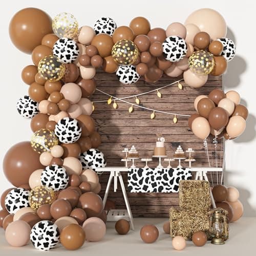 170Pcs CowBoy Balloons Garland Arch Kit Cow Brown Neutral Blush Confetti Print Balloons for Western Cowboy Cowgirl Farm Animal Themed Baby Shower Bachelor Birthday Party Decorations Supplies