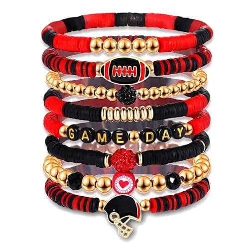Game Day Bracelets for Women Football Bracelets Red Black Blue Heishi Clay Beaded Stretch Bracelets Stackable Sports Football Charm Bracelet Bangles Football Mom Accessories Outfits Jewelry Gifts (Red Black)