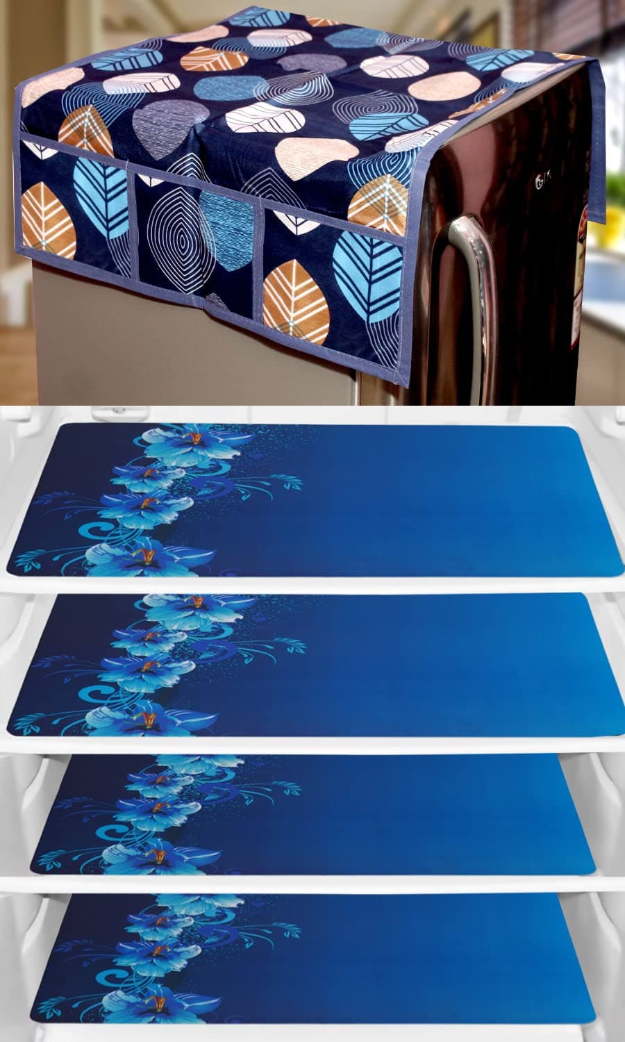 KANUSHI Industries® 1Pc Fridge Cover for Top with 6 Utility Pockets + 4 Fridge Mats (FRI-Blue-Long-Leave+M-8-04)