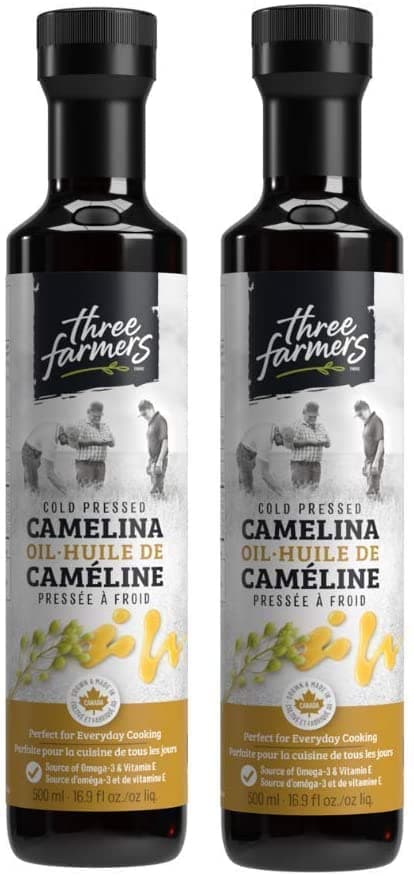 Three Farmers Cold-Pressed Camelina Oil, High Smoke Point 475°F Healthy Cooking Oil, Source of Omega-3 & Vitamin E, For Dressings, Baking & Pets, Non-GMO, Vegan, Made in Canada - 500ml x 2 Pack