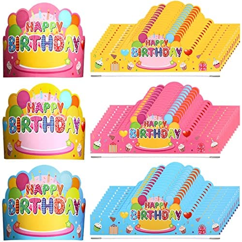 Yunsailing 36 Pcs Happy Birthday Crowns for Kids Paper Birthday Hat Crowns for Classroom Gifts Kids PartyPink Yellow Blue