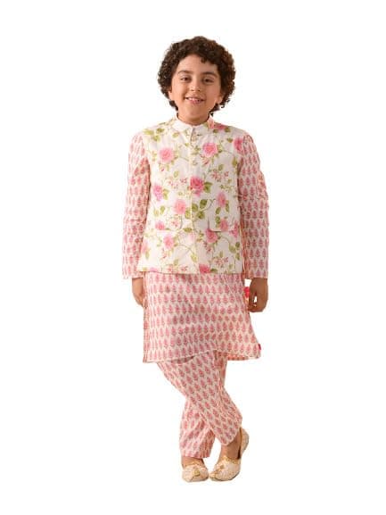 PSPEACHES Boys Cotton Long Sleeves Mandarin Collar Floral Print Kurta And Pyjamas With Nehru Jacket 3 Piece Set|Ethnic Wear For Kids Boys|Traditional & Festive Outfit 14-15 Year Off White & Pink