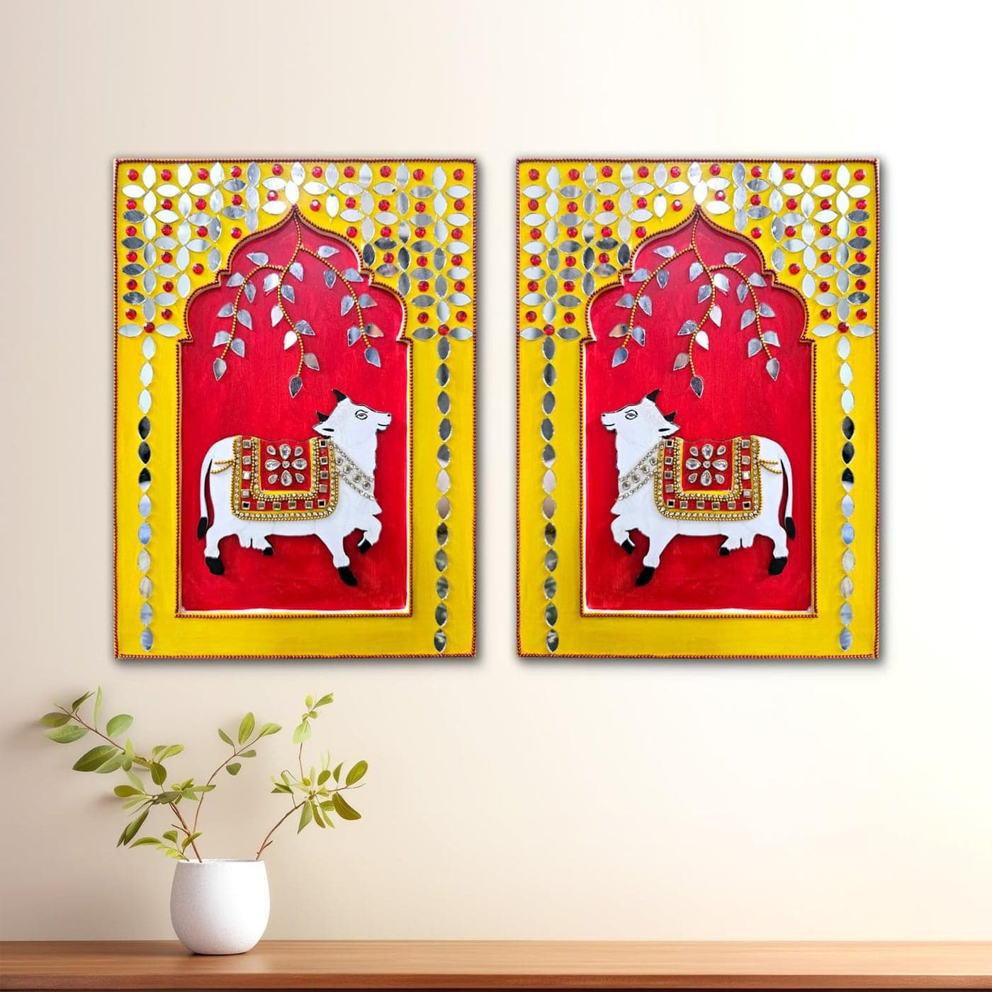Noblenest Handmade Pichwai Cow Wall Hanging Set of 2 11 x 8 Inch Wall Decoration Items for Living Room Wall Hanging Decor Handmade Wall Hangings for Home Decoration Wall Decor Office