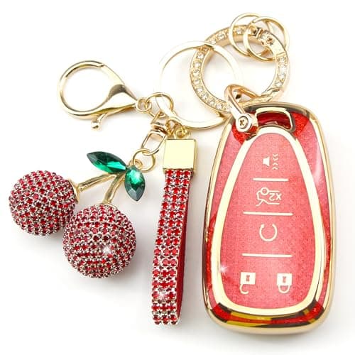 Rayslesan Sparkly Key Fob Cover with Cherry Keychain, Bling TPU Smart Key Case for Women, Compatible with Chevy Camaro Cruze Bolt EV Equinox Malibu Sonic Spark Traverse Trax (5-Button, Gold Red)