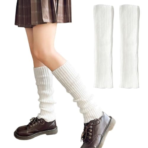PALAY® Leg Warmers for Women, Girls Stylish Winter Warm Knit Leg Warmer Calf Length Socks Warm Stocking Fashion Boot Socks Retro Woolen Leg Warmer for Women and Girls, White - 1 Pair