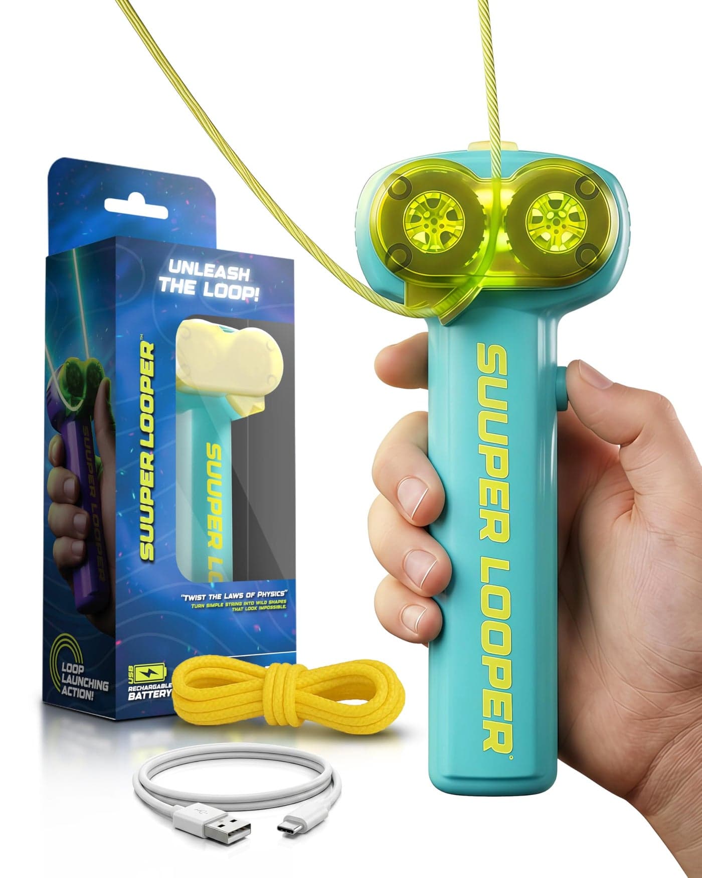 Tygatec Super Looper Rope Launcher Toy Gun – Glow in The Dark Loop Cable Shooting Game with LED Lights, Novelty Pistol Style Sports Toy for Kids, Stress Relief Superlooper Gadget & Fun Gift (Blue)