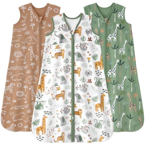 FIEMOL Baby Sleep Sack 12-18 months, 100% Cotton Sleeping Sack for Newborn and Infant, 3 Pack Baby Wearable Blanket for Boy and Girl, 0.5 Tog Lightweight Double Zipper Sleep Bag Green Brown Giraffe