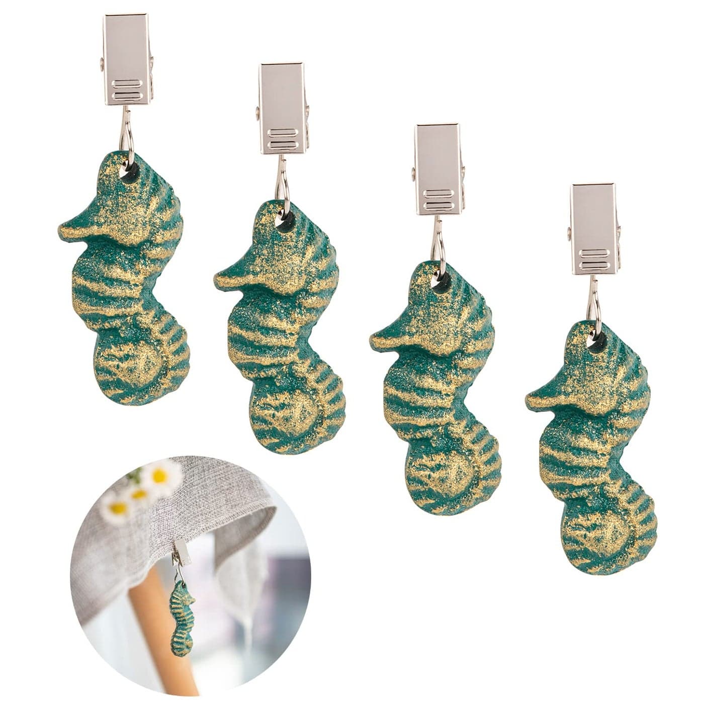 Sungmor Cast Iron Tablecloth Weights 4 Pack Vintage Green Sea Horse Table Cloth Weights Clip On Heavy Weights for Picnic Tablecloth Outdoor Tables Garden Flags Curtains