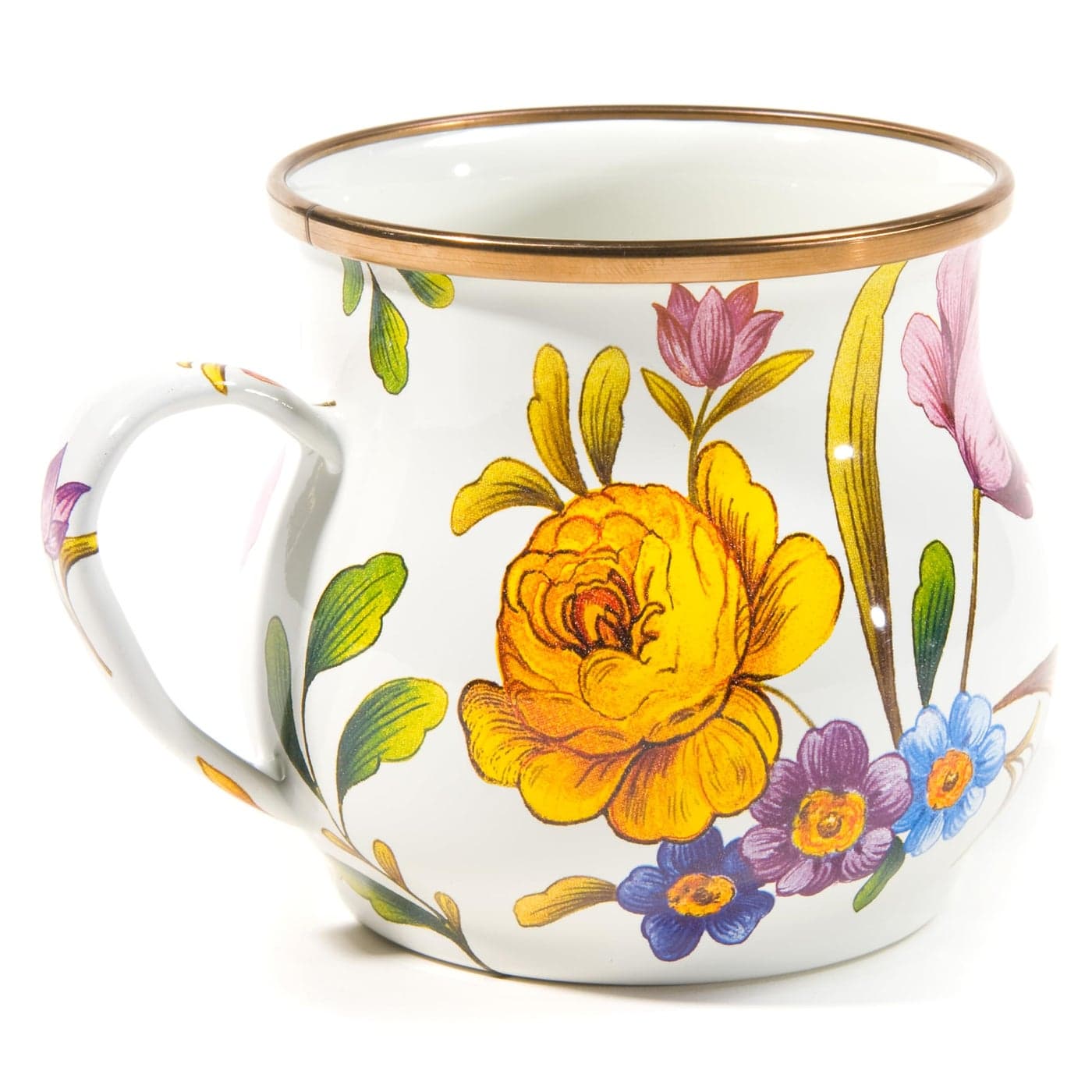 MACKENZIECHILDS Enamel Mug Cute Enamelware Coffee and Tea Mug Unique Drinkware 16 Ounces White Flower Market Set of 1