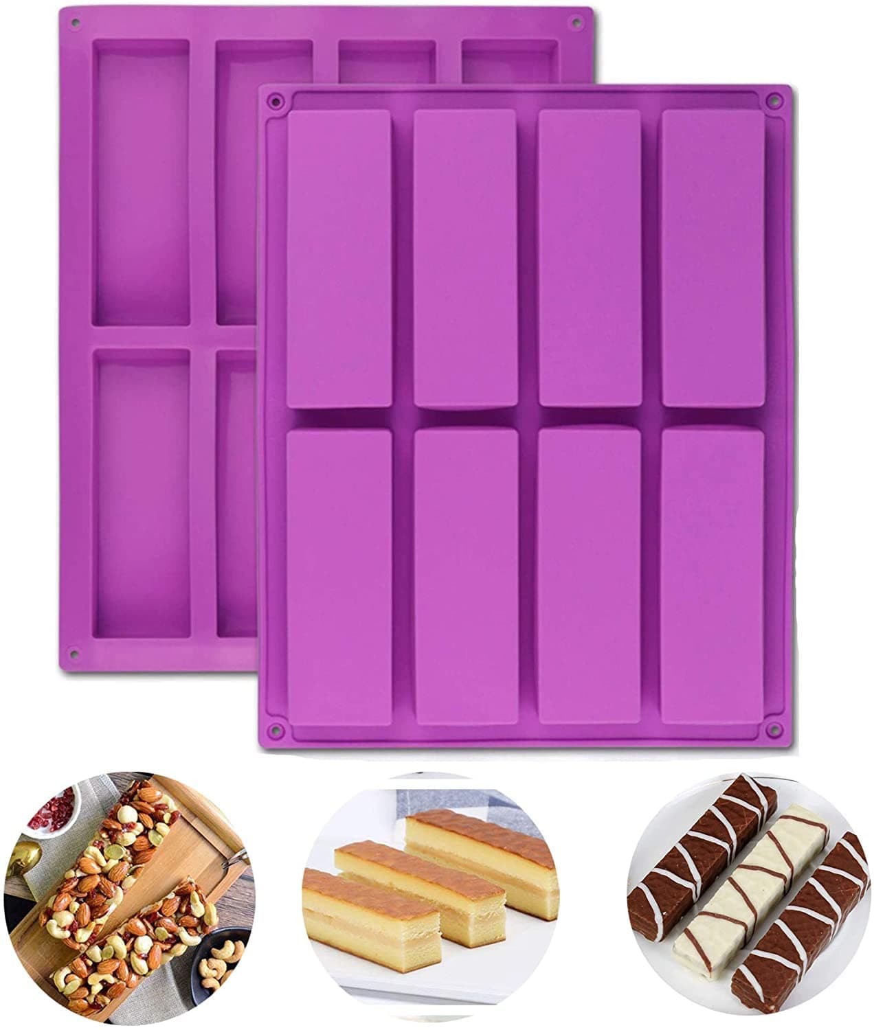 Bamutu Large Rectangle Granola Bar Silicone Mold 2PCS 8 Cavity Nutrition Cereal Bar Moulds Energy Bar Make for Muffin Brownie Cornbread Cheesecake Pudding Cake and Soap