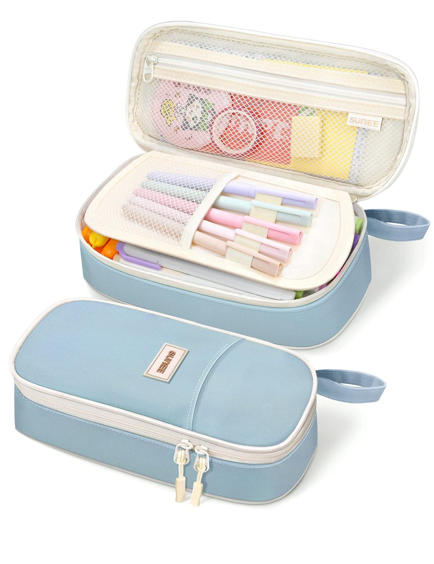 SUNEE Cute Pencil Case, Aesthetic Pen Pouch, Colored Large Pencil Bag with Zipper, Kawaii Stationery Storage and Organizer, School Supplies for Teen and Adult Girls, Blue